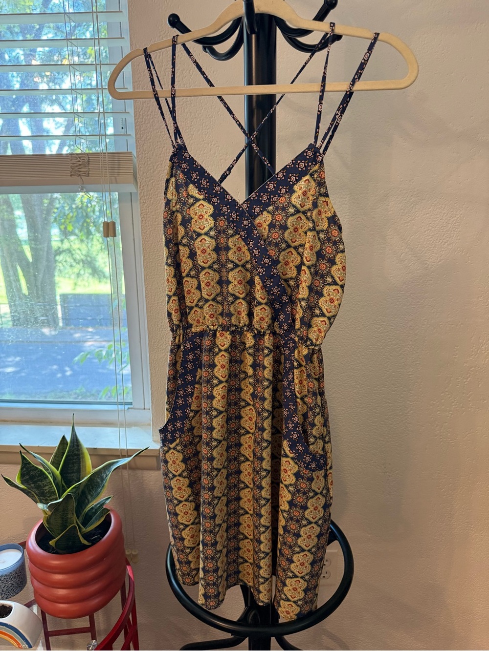 Xhilaration Y2K Boho Double Spaghetti Strap Midi Dress with Pockets, Medium